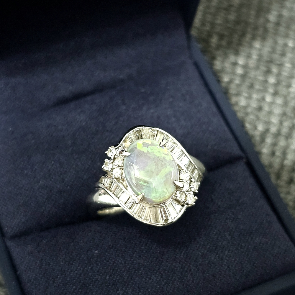 Elegant Platinum Natural Opal and Diamond Ring